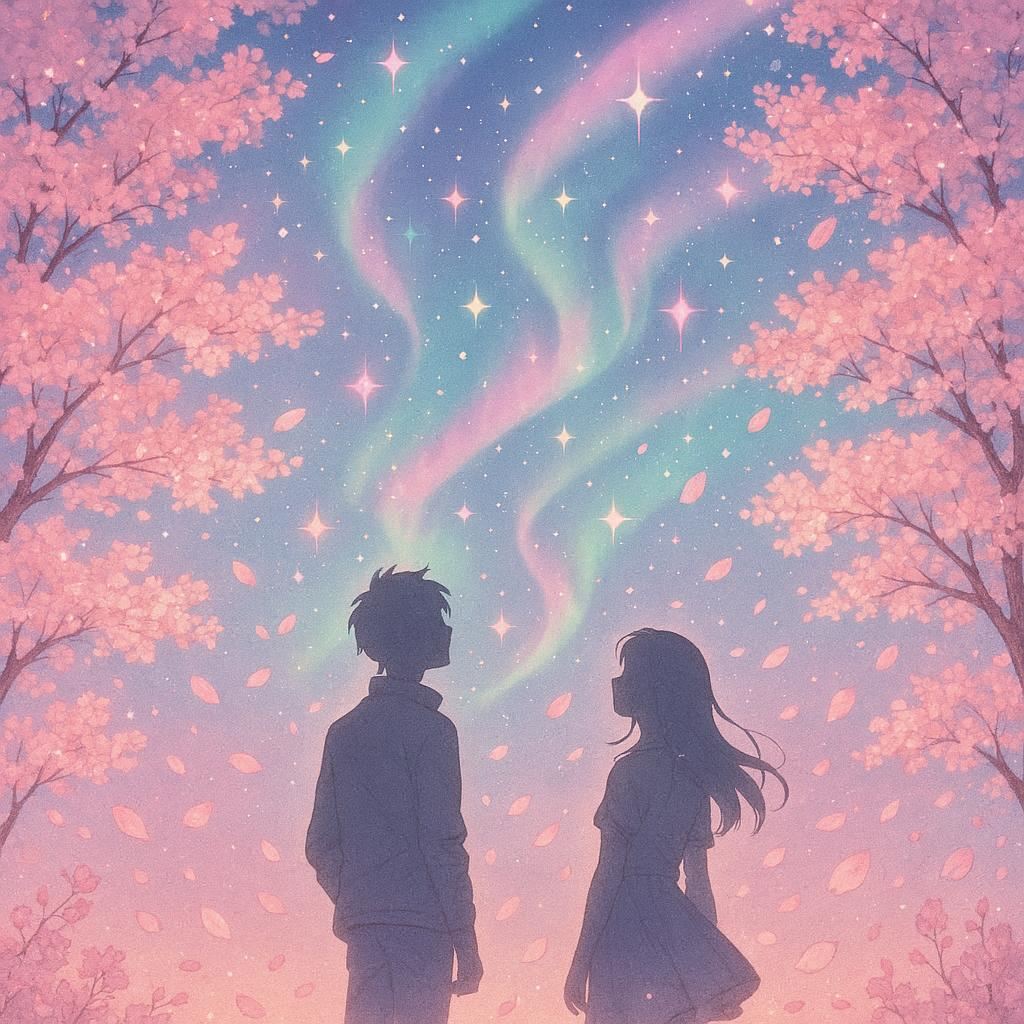 A magical spring night sky glowing with soft pastel stars and drifting cherry‑blossom petals, gentle auroras shimmering in pink and mint hues. Silhouetted characters stand beneath blooming trees, gazing upward as petals swirl around them. The scene is rendered in dreamy anime style with warm, fresh colors and a clear, uplifting atmosphere.